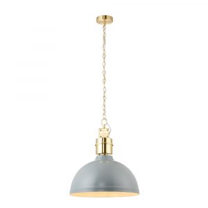 The Collingham pendant light features an industrial design with a stormy grey finish and brushed gold trim, complete with chain suspension.