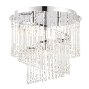 The Camille ceiling light features a spiralling mix of glass rods and faceted glass beads suspended from three rings in a sleek chrome finish.