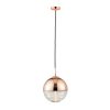 The Paloma pendant light features a minimalist spherical design with a clear, ribbed glass shade in a copper finish.