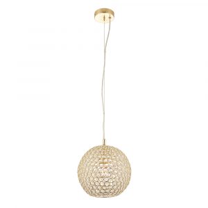 The Claudia pendant light features delicate, connected rings in a brass finish with inlaid clear crystal detailing in a sphere.