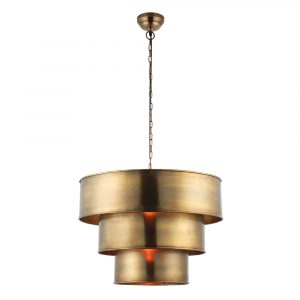 The Morad pendant light features three tiers of cylindrical steel rings in an aged brass plate finish and chain suspension.