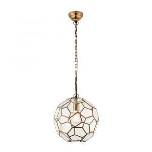 The Miele pendant light features a globe comprised of hexagonal clear glass panes with antique brass supporting metalwork enclosing a lamp.