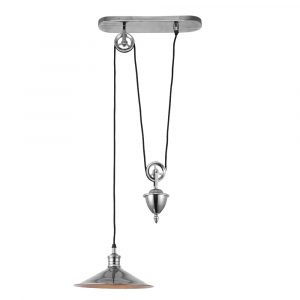 The Victoria pendant light features a rise and fall system with one pendant in an antique silver finish. Well-suited for high ceilings and dining areas.