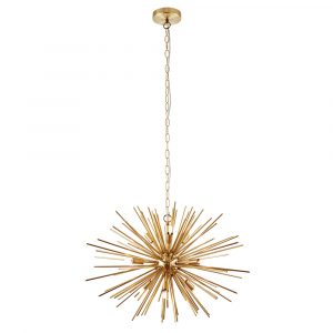 The Orta pendant light features an explosion of delicate rods extending outward from a central sphere with nine lights scattered among them. Comes in a beautiful satin gold finish.