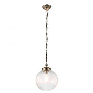 The Brydon pendant light features a clear ribbed glass globe suspended by antique brass chain suspension. This fitting is ⌀25cm in diameter.
