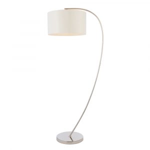 The Josephine floor light features a beautiful curved design in a bright nickel finish and complemented by a large vintage white faux silk shade.