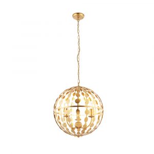 The Alvah pendant light features a delicate cage design with decorative circle cut outs enclosing 3 centre lamps. The metalwork comes in a luxuriant gold leaf finish.