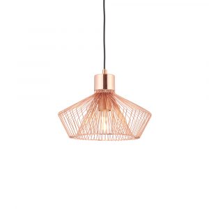 The Kimberley pendant light features an elegant industrial design with a metal wire shade finished in polished copper plate.