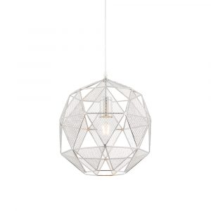 The Armour pendant light features a geometric design with alternating triangle shapes with mesh or as a clear cut out in a chrome finish.