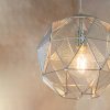 Shows a close up of the Armour pendant light which features a geometric design with alternating triangle shapes with mesh or as a clear cut out in a chrome finish.