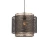 The Plexus pendant light features two steel cylindrical shades in a mesh style, one enclosing the other. The interior cylinder is finished in antique brass, while the exterior is in matt black. This fitting is ⌀25cm in diameter.