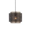 The Plexus pendant light features two steel cylindrical shades in a mesh style, one enclosing the other. The interior cylinder is finished in antique brass, while the exterior is in matt black. This fitting is ⌀34cm in diameter.