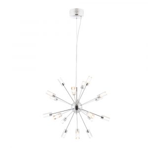 The Glacier pendant light features eighteen individual lights extending out from a central polished chrome sphere. Each lamp is enclosed in acrylic cylindrical shades with bubble effect detailing to create a beautiful lighting effect.