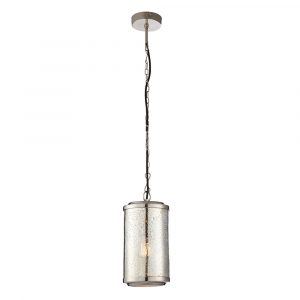 The Risley pendant light features a cylindrical mercury glass shade with a beautiful mottled effect and metalwork in a bright nickel finish.