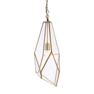 The Avery pendant light features a crystalline inspired design with geometric glass panes supported by antique brass metalwork. Chain suspension is height adjustable for easy fitting.