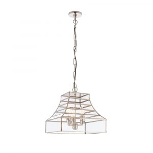 The Dempsey pendant light features clear rectangular glass panes with supporting polished stainless steel metalwork. The chain suspension is height adjustable for easy fitting.