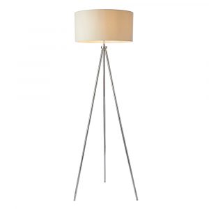 The Tri floor light features a modern tripod style design with three adjustable legs in a chrome finish with an ivory linen shade.