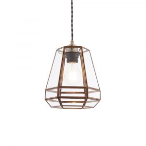 The Stockheld pendant shade features clear glass panes in rectangular shapes with supporting antique brass metalwork.