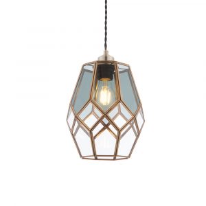 The Ripley pendant shade features clear and smoked glass panes in geometric shapes with supporting antique brass metalwork.