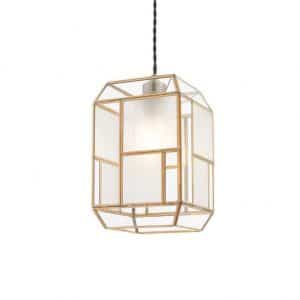 The Chatsworth pendant shade is a traditional style shade with frosted and clear glass panes with supporting metalwork in a brass finish. For use in combination with a cable set.
