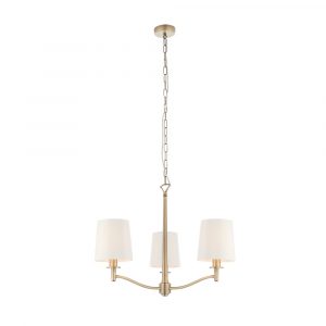The Ortona pendant light features a traditional design with 3 lamps with a matt antique brass finish and vintage white faux silk shades.