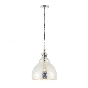The Darna pendant light features a vintage design with mottled mercury glass to create a beautiful lighting effect. The base and lamp holder are finished in bright nickel plate.