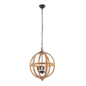 The Toba pendant light features a domed design with several hoops made from natural mango wood that houses a brown painted light fitting with four lamps.
