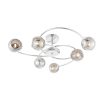 The Aerith ceiling light has 6 globe lights, each featuring smokey, mirror effect glass and interior wire mesh. The base of the fitting is finished in a shiny chrome effect.