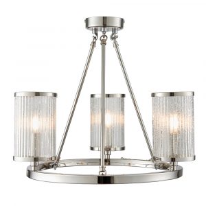 The Easton ceiling light fuses the modern with the classic with this bright nickel-plated chandelier. Inspired by hurricane lamps, the clear, ribbed glass shades with bubble details create a perfect diffused light when lit by filament LED lamps. Each shade rests atop a hoop and is supported by three fixed arms.
