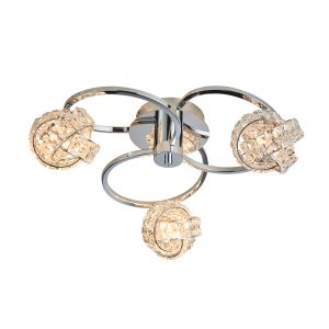 The Talia ceiling light features 3 looping arms in polished chrome, each supporting clear, glass crystal hoops which are interwoven together.