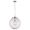 The Harbour pendant light features a large spherical shade with small integrated bubbles in the glass shade. Removable faceted glass beads rest at the bottom of the fitting. The base and lamp holder come in a chrome finish.