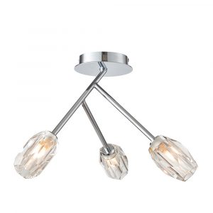 The Ilaria ceiling light has 3 straight, branching arms in a polished chrome finish that end in clear faceted glass shades.