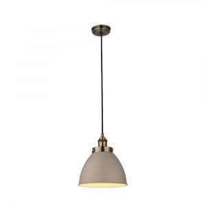 The Franklin pendant light features a classic pendant design with a vintage taupe finish and an antique brass lamp holder. This is the medium sized fitting.
