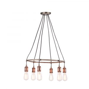 The Hal pendant light features an industrial design with six hanging lamps finished in aged pewter and copper, giving it a retro style. The light also has adjustable knuckles and knurled lamp holders to complete the look.