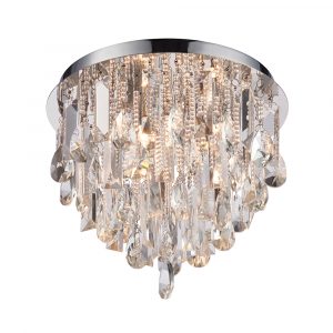 The 3 light variant of the Siena ceiling light which features cascading, high quality crystals hanging from delicate chrome chains and round chrome base.