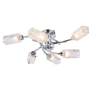 The Zeus ceiling light features 6 arched arms in polished chrome, each supporting rectangular facet cut glass shades.