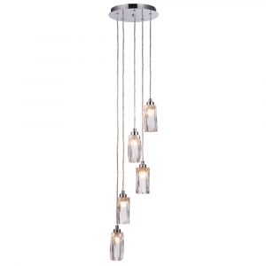 The Zeus pendant light features a polished chrome finished base and 5 suspended lamps, each supporting rectangular facet cut glass shades.