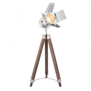 The Dalton floor light features a tripod design with three adjustable natural wooden legs and studio style polished chrome lamp head. The lamp head is adjustable 360°, and anti-glare shutters are also movable, allowing full control over the lighting effect.