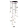 The Prisma pendant light features sixteen lamps suspended in descending heights from a polished chrome base. Each lamp is enclosed in a small, faceted crystal shade.