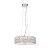 The Verina pendant light features a single large, circular diffuser with prismatic glass and clear crystal detailing that encloses five LED lamps.