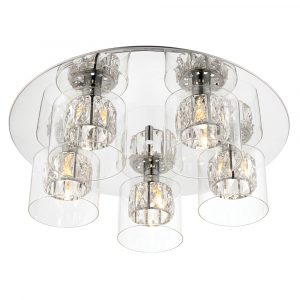 The Verina ceiling light features a round, chrome back plate with five clear glass shades which enclose an additional faceted crystal shade.