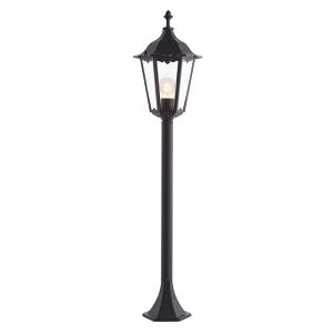 The Burford outdoor bollard light features a traditional lantern design with die cast aluminium in a matt black finish and clear glass panes.