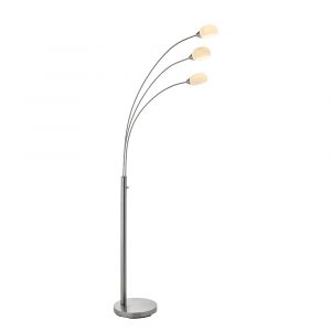 The Jaspa floor light features a 3 lamp design with fully adjustable arms in a satin nickel finish with white glass shades. Features a central rotary dimmer switch on the base. Complete with integrated 5W LED's in warm white.