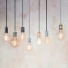 Shows various cable set pendants with stylish filament bulbs from the Endon Lighting range against a light backdrop.