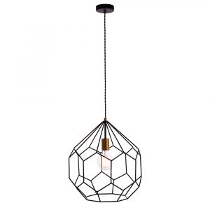 The Deco pendant light, inspired by geometry, features a matt black wireframe with hexagonal patterns enclosing a lamp holder with smart, satin gold detailing.