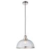 The Hansen pendant light features an industrial style design with a ridged lamp holder in a bright nickel plate finish and ridged clear glass shade.