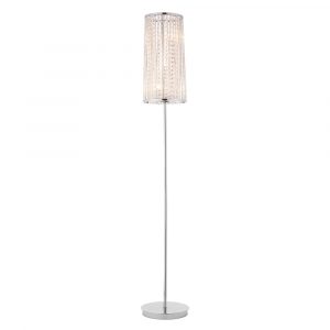 The Sophia floor light features a simple stand with a polished chrome finish and a decorative shade with clear crystal detailing.