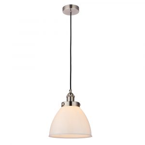 The Rowan pendant light features an industrial style design in satin nickel plate finish with a gloss white glass shade.