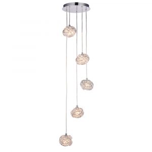 The Talia pendant light features 5 suspended glass crystal hoops which are interwoven together with a polished chrome finished base.