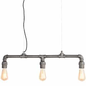The Pipe pendant light has an authentic industrial design with 3 lamps on exposed pipe with aged pewter finish.